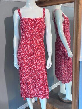 Reformation Red Dress White Floral Print Size 6 Spaghetti Strap Button Front